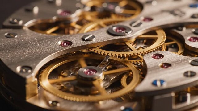 Intricate mechanical clockwork gears in motion, detailed view of machinery components
