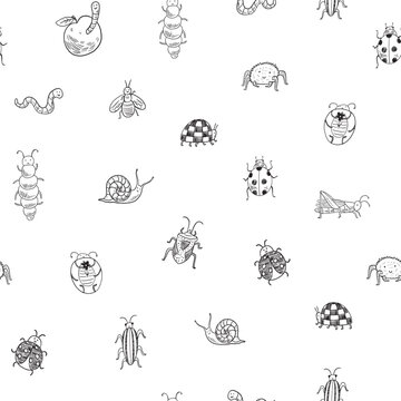 Funny bugs vector hand drawn line seamless pattern.
