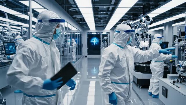 Scientists in protective suits working with tablet