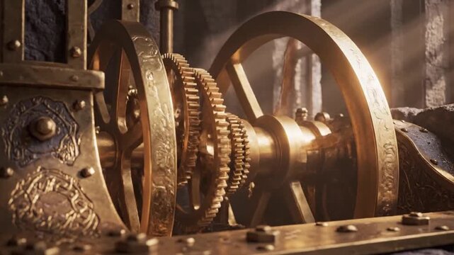 Close-up view of intricate brass machinery with interlocking gears and mechanical components in an industrial setting, illuminated by sunlight