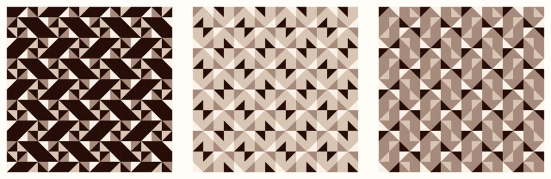 Brown and beige, neutral earthy color tessellation set, bundle of modern seamless vector patterns. Neutral retro colors. Repeatable design for fabric collection, wallpapers,