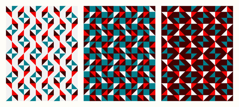 Juicy red and teal, Color tessellation set, bundle of modern seamless vector patterns. Neutral retro colors. Repeatable design for fabric collection, wallpapers,