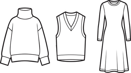 Casual knitwear and dress sketches for fashion design