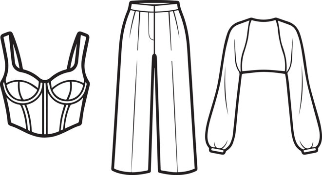 Fashion clothing collection vector sketch, stylish apparel set isolated on transparent background