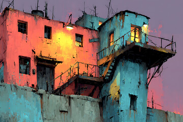 A moody, painterly depiction of weathered urban buildings at dusk, with glowing windows, external staircases, and bold contrasting colors that evoke solitude and atmosphere.