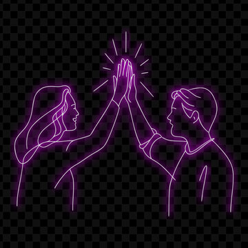 Neon High Five Illustration Teamwork Success Partnership Glowing Lines