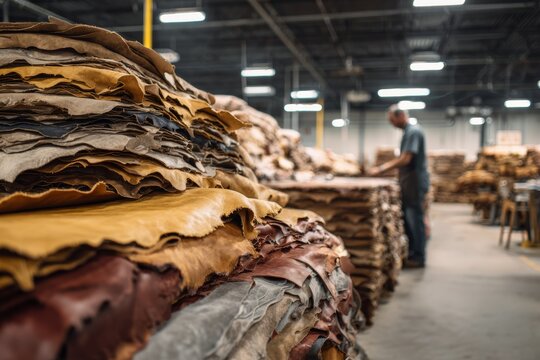 Wide View of Leather Sourcing Area with Worker Organizing Hides