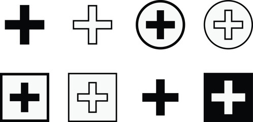 Obraz premium Plus sign icon vector set, minimalist black and white variations in circle and square backgrounds