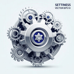 Interconnected Gears in Metallic Silver with Blue Accent in Futuristic Mechanical Design for Industrial Illustration