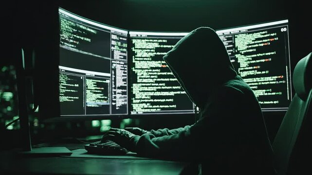 Person in hood working on computer with code
