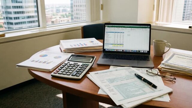 Smooth slow pan to the left revealing round wooden desk in high-rise office: laptop displaying financial data, calculator, 1040 tax forms, certificates, pie charts, annual reports, coffee mug