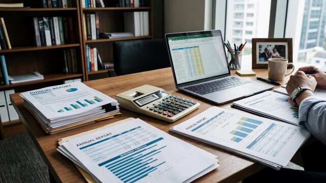 Gentle leftward camera pan across modern office desk setup: laptop with open spreadsheet, vintage adding machine, tax documents, portfolio charts, coffee mug, stacked papers