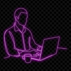 Neon Line Art Businessman Working On Laptop With Coffee, Digital Illustration © Rita