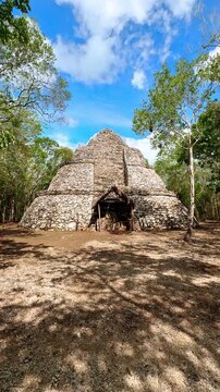 Heading to the four-level stone pyramid located in the woods. A shed with grass top is in front of the structure. Mexico sightseeing. Vertical video.