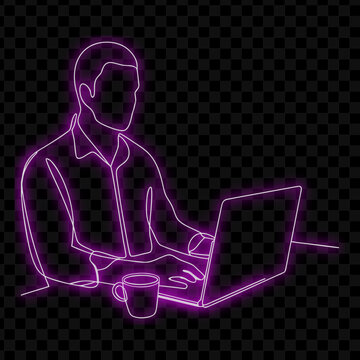 Neon Line Art Businessman Working On Laptop With Coffee, Digital Illustration