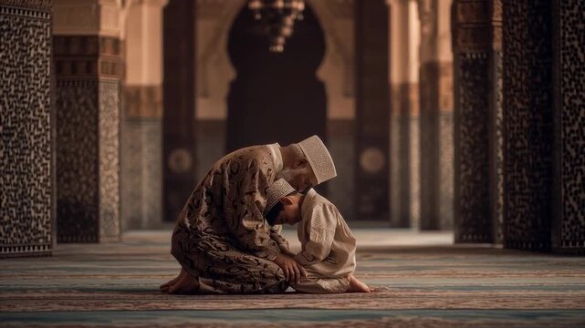 Elder man teaching a young boy to pray inside a mosque, showing faith, family values and islamic tradition