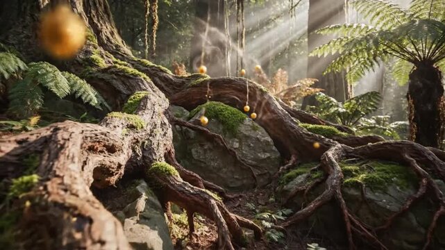 Ancient tree roots sprawl across forest floor, surrounded by lush greenery and ferns, with sunlight filtering through the misty atmosphere.