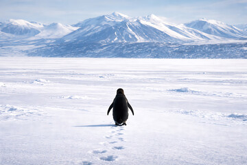 Solitary Penguin&rsquo;s Journey: An image of a lone penguin navigates across a snowy expanse toward majestic, snow-capped mountains. A captivating story of endurance and exploration.