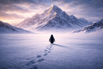 Solitary Journey: A single penguin traverses a vast, snow-covered landscape, leaving footprints in the pristine snow under the imposing gaze of a snow-capped mountain range.