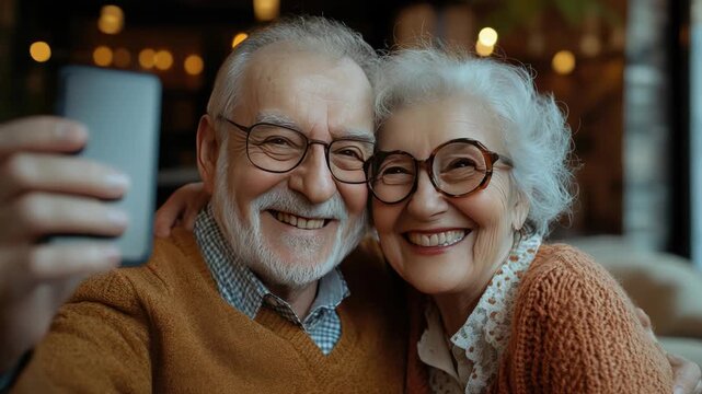 Smiling elderly couple taking a selfie with a smartphone, sharing a moment of joy and love while embracing each other and looking at the camera with genuine happiness