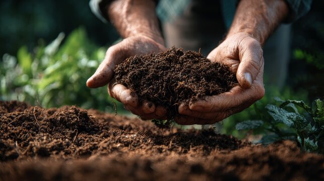 Close-up of Hands Blending Compost into Soil with Blurred Greenery Background