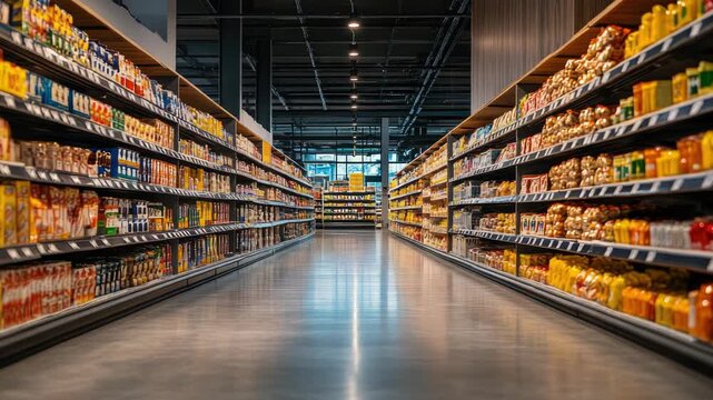 Empty grocery store aisle with food on shelves in a modern supermarket. Dolly shot moving forward in a retail store with a large assortment of products on display