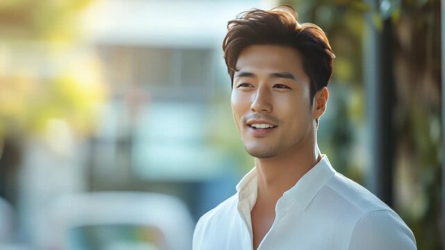 Handsome and confident asian man with a beautiful smile talking and looking at the camera outdoors during a sunny day in the city, portrait of a successful korean male model