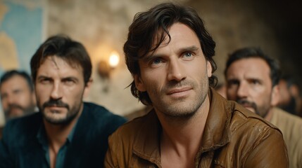 Group of men sitting attentively during an indoor gathering or discussion