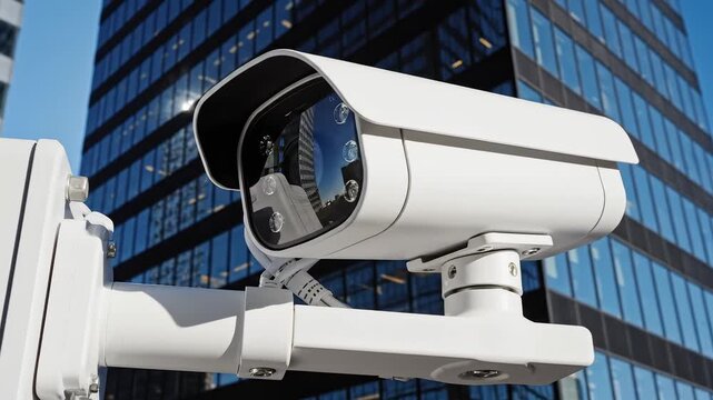 Security camera mounted on building