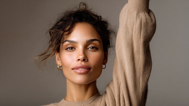 Confident woman with a serene expression wearing a beige sweater against a neutral background