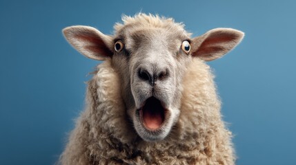 Obraz premium Surprised sheep in studio with open mouth against blue background.