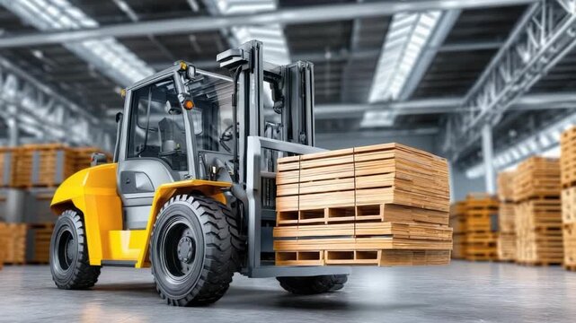 Forklift truck carrying a stack of wooden pallets while maneuvering inside a large, modern industrial warehouse with high racks and shelves full of merchandise