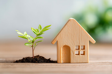 Wooden house placed beside a small plant representing sustainable housing green living and eco friendly real estate development