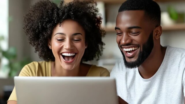 Happy african american couple laughing using laptop for online shopping, winning lottery, watching funny video content or making a video call with family at home