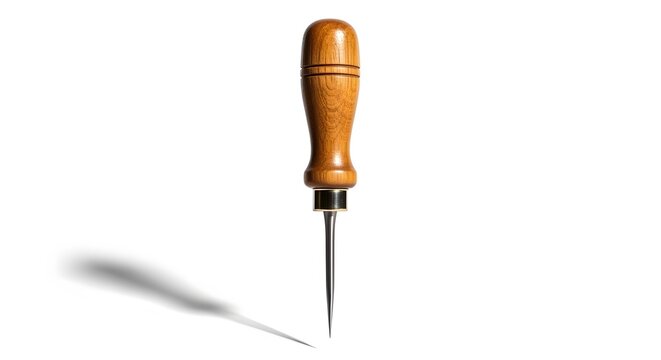 Sharp Awl: A close-up shot of a sharp awl with wooden handle cast an elegant shadow, a tool for fine craftsmanship and detailed work.