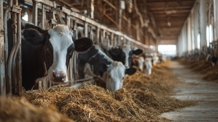 Cows feeding in a spacious barn with natural light.