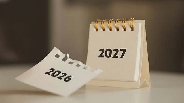 A desk calendar and a torn calendar page showing the years 2027 and 2026