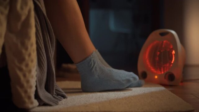 In a cozy house, a girl cozies up on the sofa, wearing warm winter socks, and enjoys the infrared heat emitted by a portable electric heater with red light, adjusted via thermostat