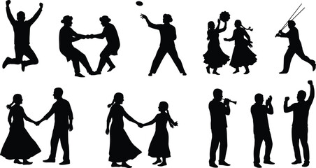 Human, activity, silhouette, posture, gesture, jump, dance, play, clap, hold, celebrate, music, couple, child, social, expressive, setup, vector, black, pose, flavector