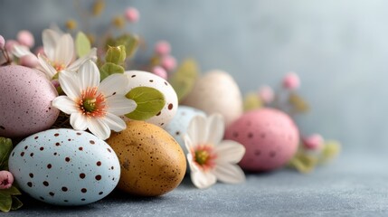 Obraz premium Colorful easter eggs with flowers - spring celebration still life.