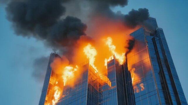 Skyscraper on fire with big flames and thick black smoke coming from the upper floors of the building, a huge urban disaster causing destruction and property damage