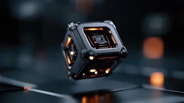 Levitating futuristic high tech cube with glowing orange core rotating in a dark abstract environment, showcasing artificial intelligence and innovation concepts