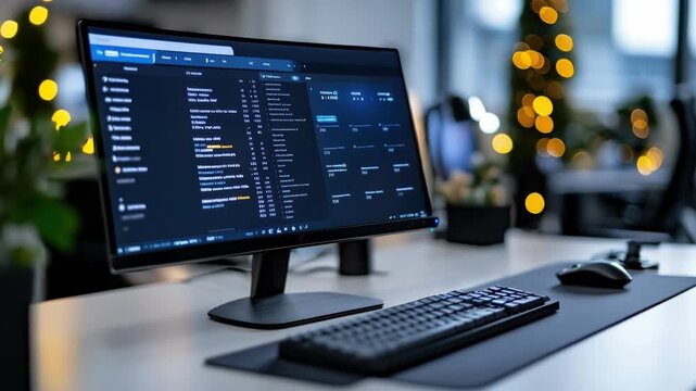 Modern computer with programming code on the screen in a contemporary tech office with beautiful bokeh lights, a concept of software development and IT industry innovation