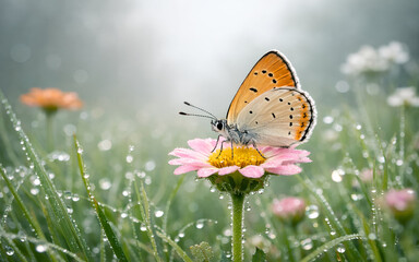 Obraz premium A butterfly with orange and black wings rests on a white daisy in a dewy meadow. The background is misty, with soft pink and green tones, creating a serene atmosphere.