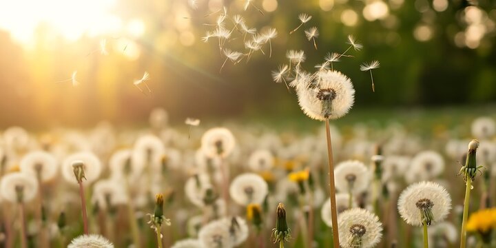 Dandelion seeds dispersing in a sunny field dandelions green