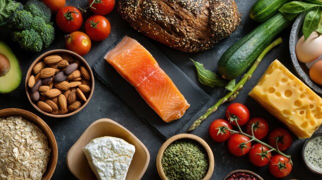 Healthy food selection: fresh vegetables, salmon, cheese, bread, nuts, and seeds displayed on a dark surface.