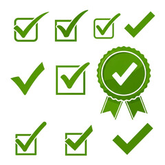 Green check marks and approval badge in simple flat design with green color and white background for user interface