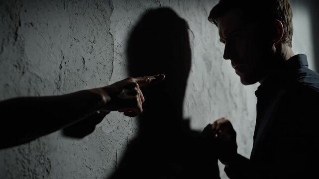 Man facing shadow of hand pointing at him