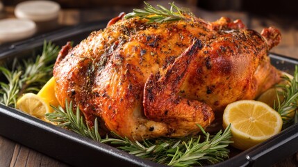 Naklejka premium Perfectly roasted herb chicken with lemons and aromatic rosemary in a baking tray.