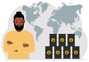 A man next to oil barrels. A world map is in the background. Flat vector illustration.
